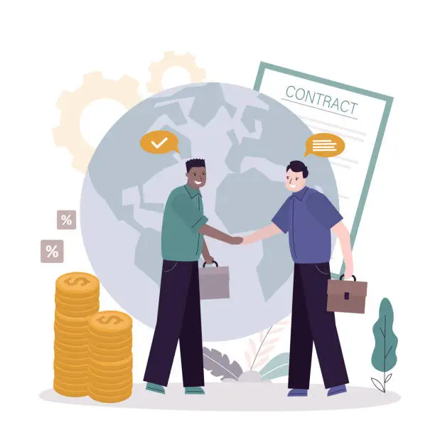 Vector illustration of Successful negotiations. Two multiethnic businessman handshake. New profitable project start up sponsored by investor. Two male characters making deal, contract. Business concept,