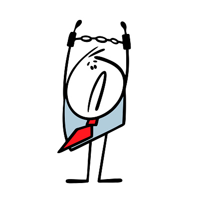 Unfortunate stickman businessman raised arms up and demonstrates handcuffed hands. Vector illustration of sad man with restriction of freedom in business. A financial criminal. Isolate cartoon.