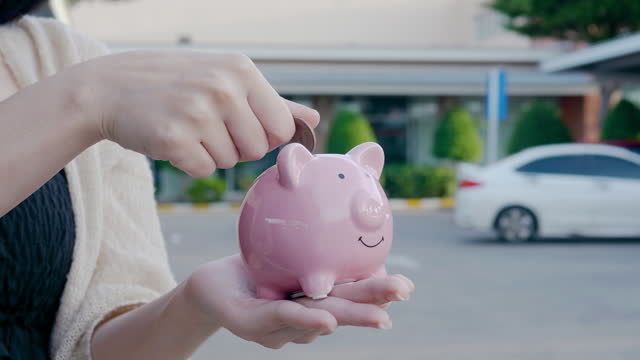 Piggy bank, saving money, coins, finance and investment Count coins, cash flow, income, wages.
