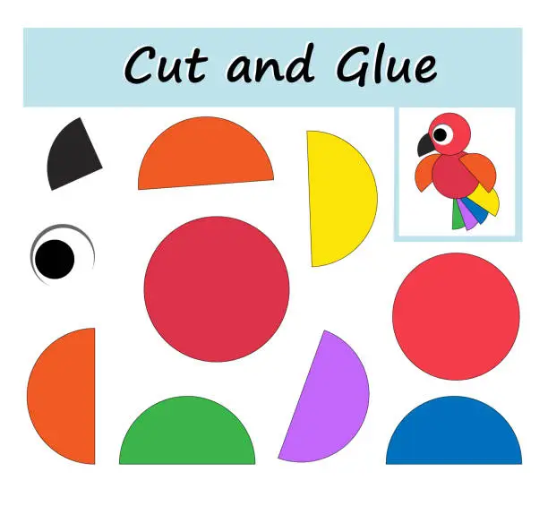 Vector illustration of Cut parts of the image and glue on the paper. DIY worksheet. Cartoon parrot.