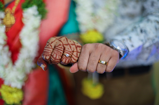 Closeup shot of the bride puts a ring on the groom's finger.indian wedding ceremony concept