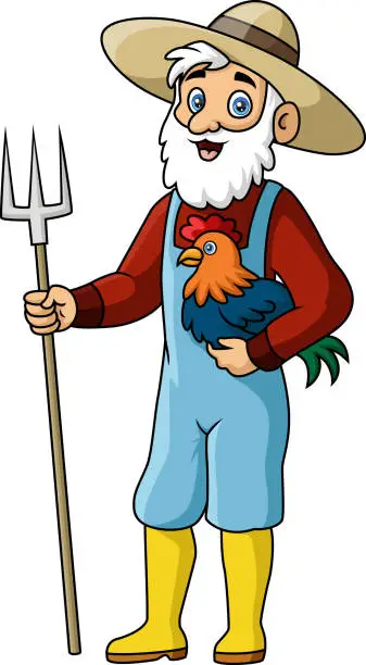 Vector illustration of Cute farmer cartoon holding chicken