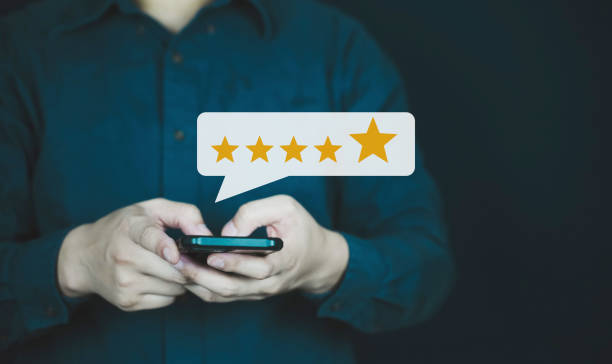 istock Customer review good rating concept, hand pressing user and five star icon on visual screen for positive customer feedback, testimonial and testimony, user comment and feedback for review. Testimonial 1779596811