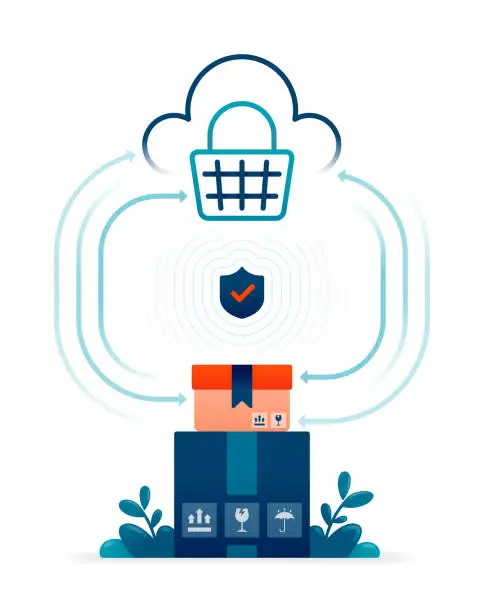 Vector illustration of illustration of shopping cart and package box protected by data security in cloud. Can be used for posters, websites, brochures, banners