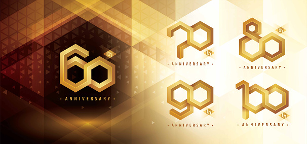 Set of 60 to 100 years Anniversary logotype design, Sixty to Hundred years anniversary celebration. Abstract Hexagon Infinity Emboss logo, 60,70,80,90,100 Years Logo golden for celebrate event. Network Polygon Geometric, Hexagon Number