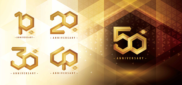 Set of 10 to 50 years Anniversary logotype design, Ten to Fifty years anniversary celebration. Abstract Hexagon Infinity Emboss logo, 10,20,30,40,50 Years Logo golden for celebrate event. Network Polygon Geometric, Hexagon Number