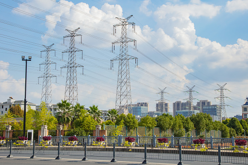 High voltage electric tower line pylon for distribution of electricity from powerstations to customers through national power grid