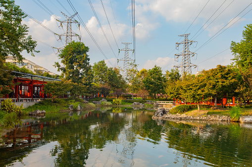 High voltage electric tower line pylon for distribution of electricity from powerstations to customers through national power grid