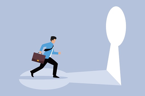 businessman running towards a key hole 2D flat vector concept for banner, website, illustration, landing page, flyer, etc