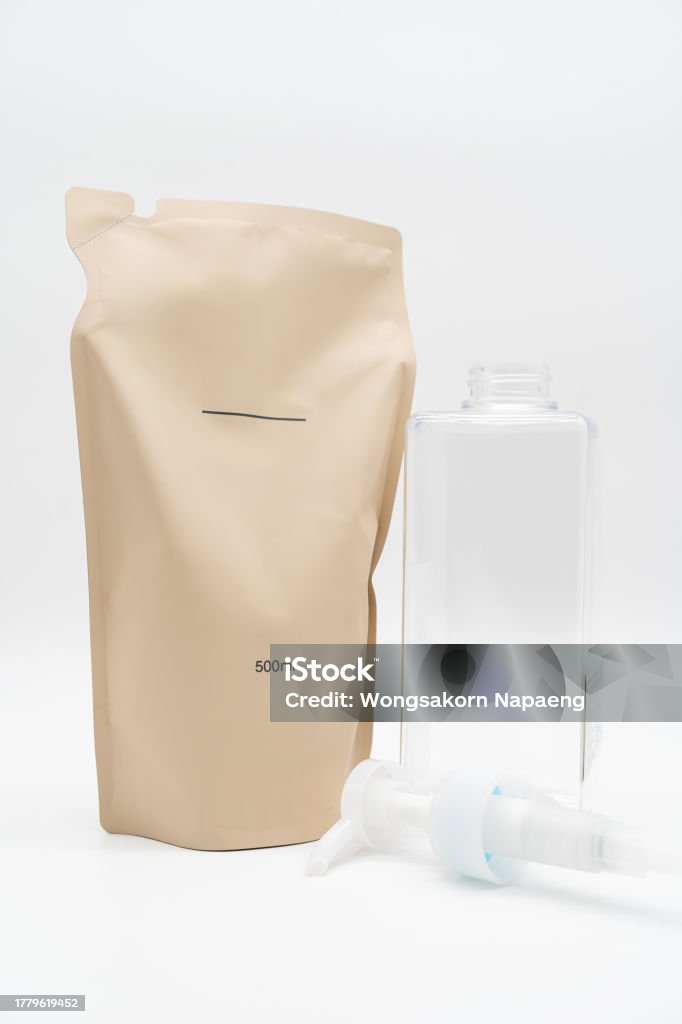 Refill Stock Plastic Packaging For Refill Pouch And Plastic Pump Bottle Stock Photo ...