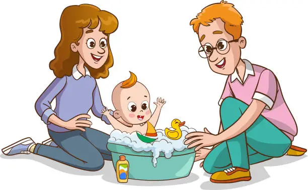 Vector illustration of Illustration of a Happy Family Taking a Bath with a Baby Boy