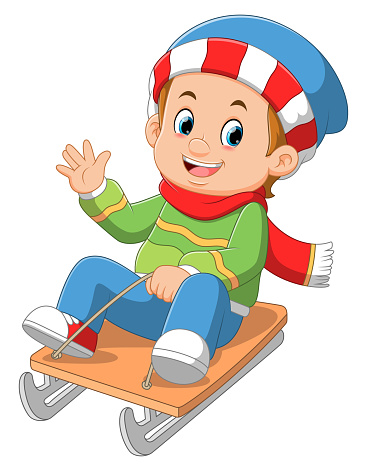 Cartoon little boy sledding down a hill of illustration