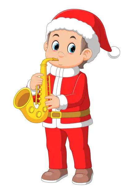 Vector illustration of Cartoon little boy in red santa clothes playing golden trumpet