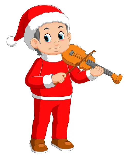 Vector illustration of Cartoon little boy in red santa clothes playing a violin