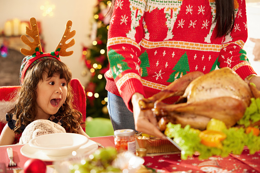 cute girl feeling excited and prepare to eat turkey on Christmas day