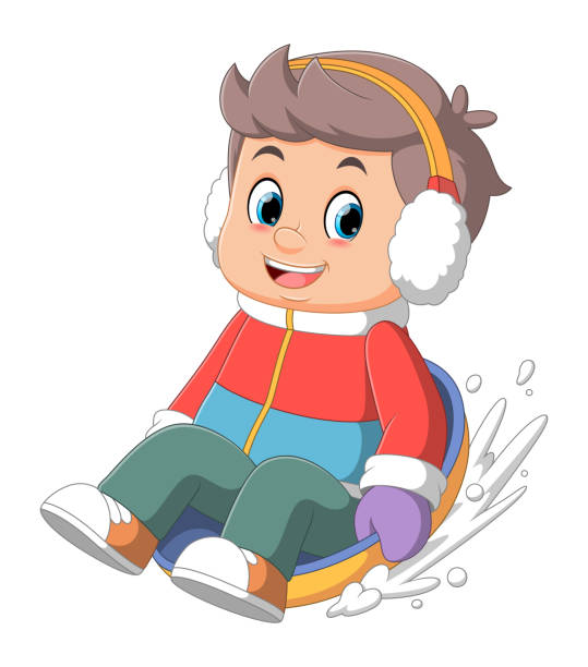 karikatur ein junge kinder rodelt einen hügel hinunter - snow dune stock-grafiken, -clipart, -cartoons und -symbole