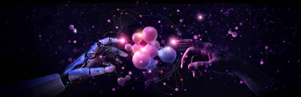 istock Science, AI, Machine learning, Hands of robot and human touching on big data network connection, Artificial intelligence technology, innovation for futuristic. Purple tone. 1779645121