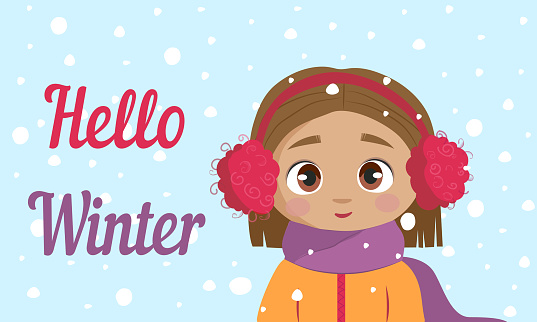 Vector winter illustration , cartoon cute girl in flat style , with brown hair and eyes, yellow winter jacket , purple scarf , and red pink earmuffs on blue snow background for different design uses.