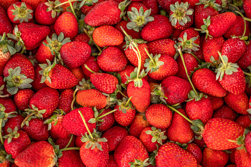 Strawberry background. Ripe strawberries in market