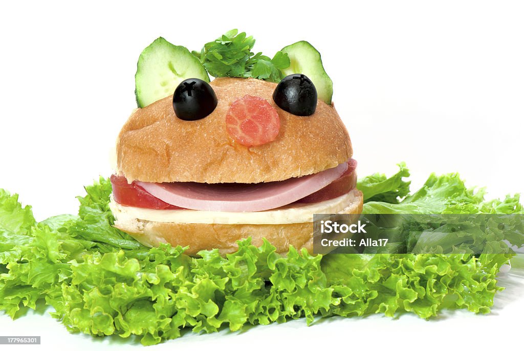 Hamburger with a Funny Face Hamburger looks like a funny muzzle, isolated on white background Sandwich Stock Photo