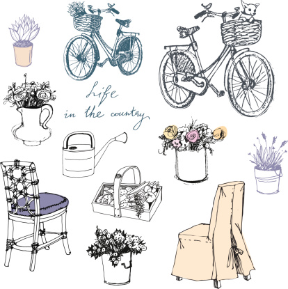 Country life. Set of furniture and interior subjects. Flowers. Bikes. Romantic picture.