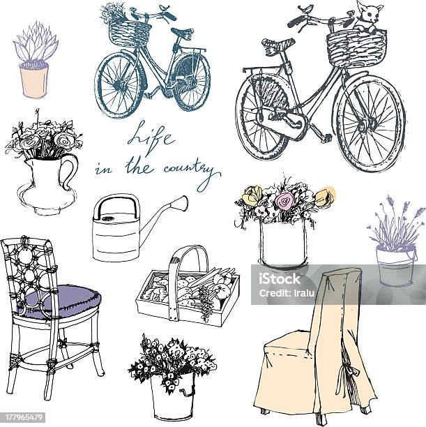 Country Life Interior Elements Stock Illustration - Download Image Now - Basket, Bicycle, Flower