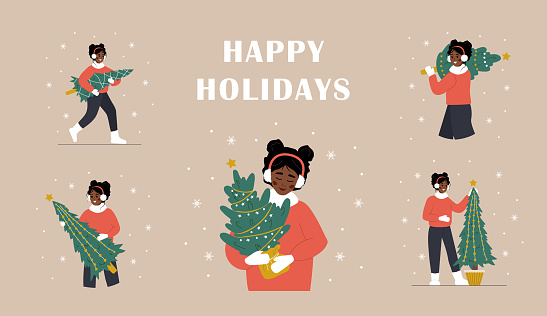 Woman holding Christmas tree. Set of Merry Christmas illustrations. African smiling girls preparing for winter holidays. New Year postcards. Vector in flat cartoon style.