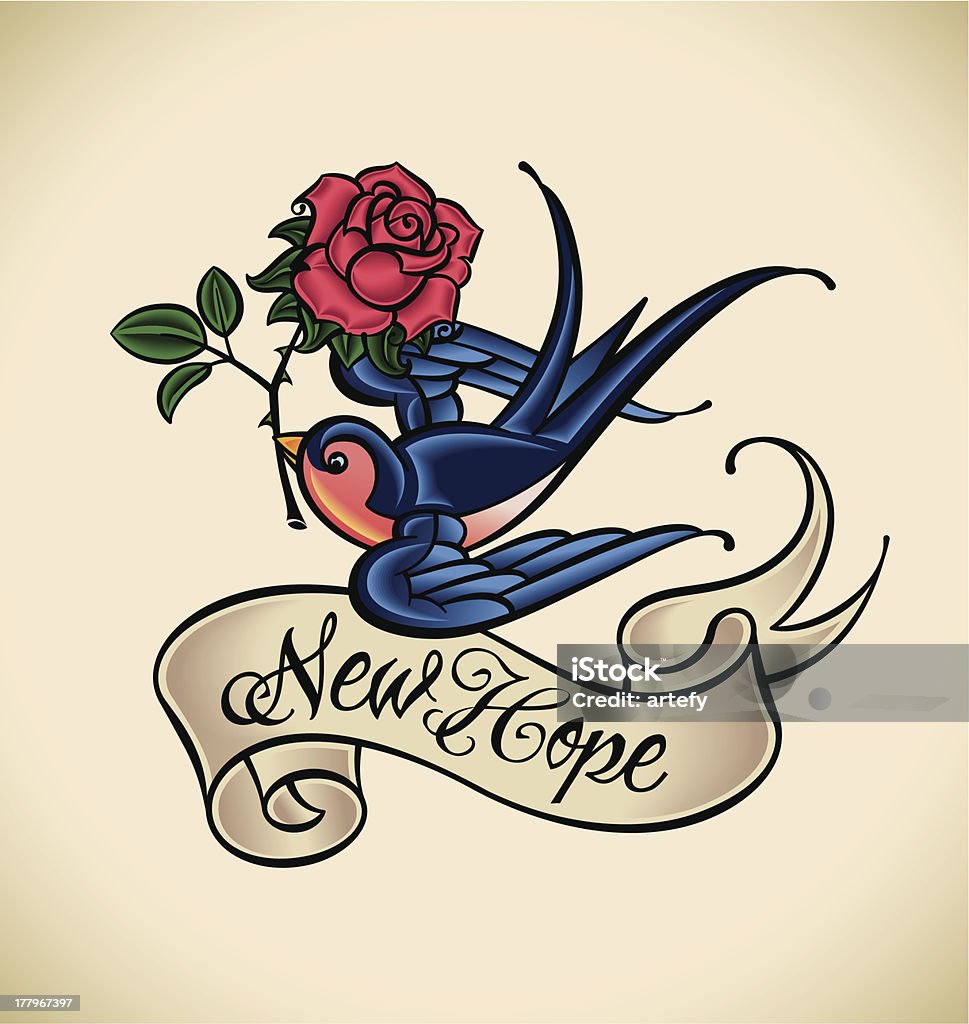 Swallow brings new hope Old-school styled tattoo with a swallow, banner and rose. Editable vector illustration. Sailor stock vector