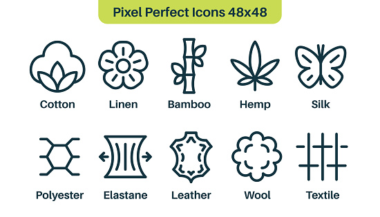 Set of fabric types or product materials like cotton, leather, wool, polyester, elastane. Outline icons. Synthetic and natural fibers. Cotton, polyester, wool and leather icons. Vector