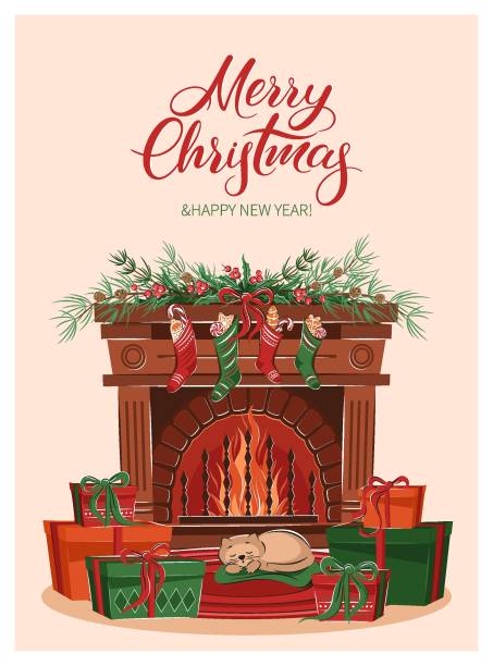 Christmas card with fireplace, boxes with gifts and decorations. Merry Christmas and New Year holiday. Cozy winter vector illustration