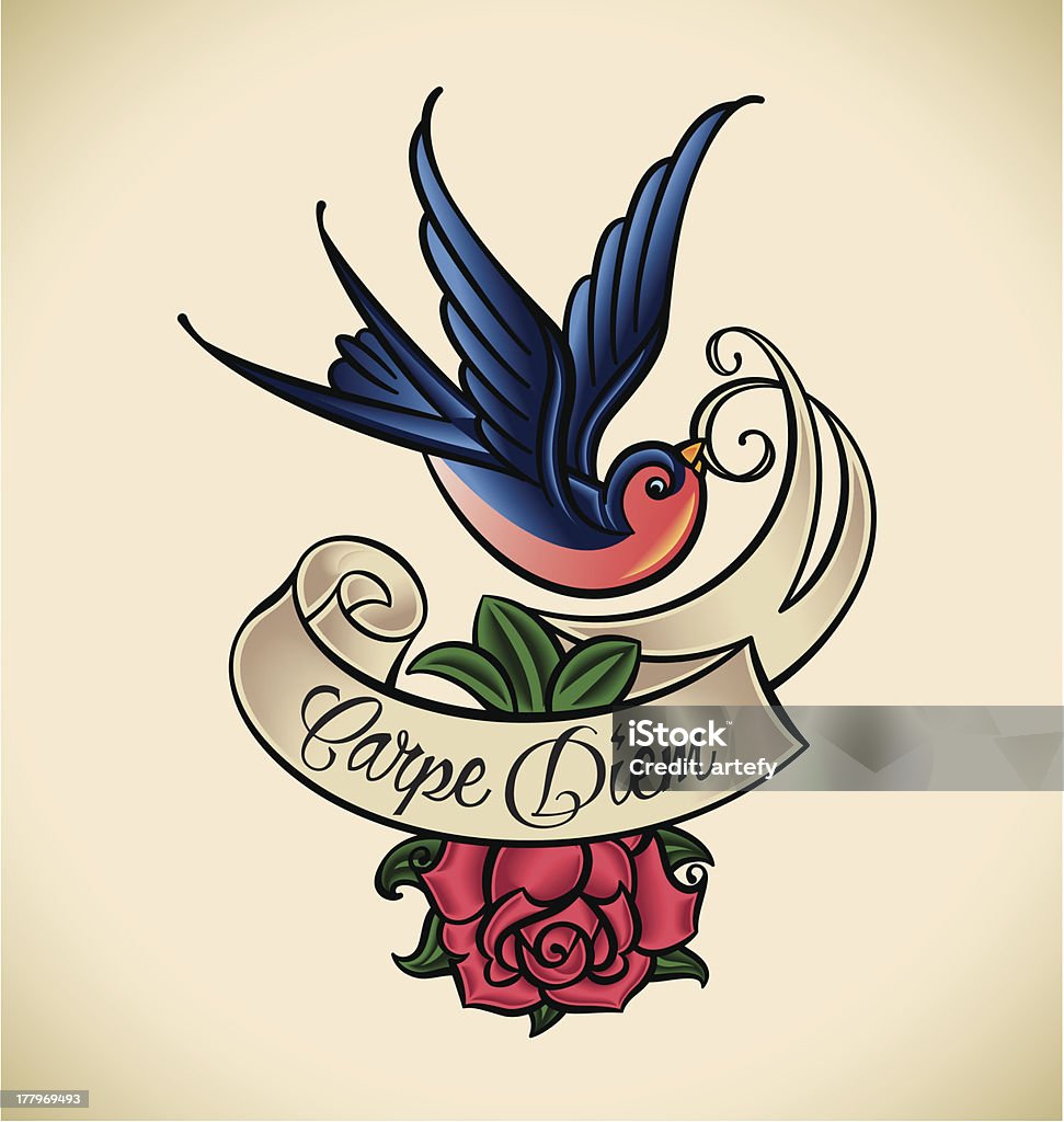 Hirondelle et rose, old-school Tatouage - clipart vectoriel de Tatouage libre de droits