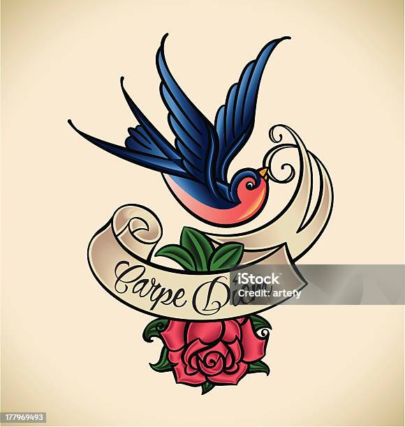 Hirondelle Et Rose Oldschool Tatouage Vecteurs libres de droits et plus d'images vectorielles de Tatouage - Tatouage, Hirondelle, Oiseau