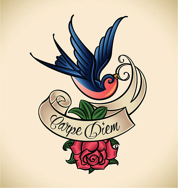 swallow i rose, old-school tatuaż - retro revival fashion elegance style stock illustrations