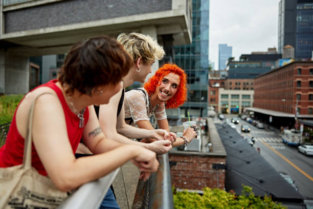 Friends looking at view from the High Line, Manhattan