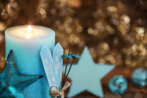 Candle Closeup With Festive Christmas Decoration, Winter Background, Turquoise, Heart And Star, Copyspace
