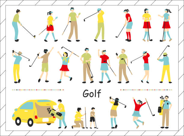 illustrazioni stock, clip art, cartoni animati e icone di tendenza di illustrazione di persone che si divertono a giocare a golf - golf golf club golf course teeing off