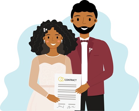 African american bride and groom holding prenuptial agreement document. Marriage contract concept. Vector illustration on white background.