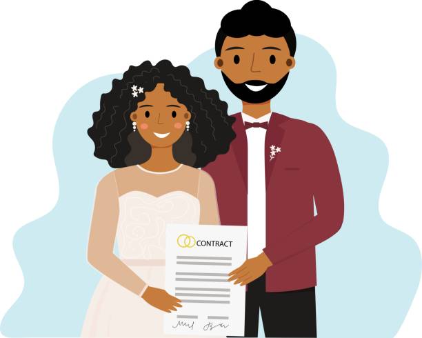 african american couple with marriege contract African american bride and groom holding prenuptial agreement document. Marriage contract concept. Vector illustration on white background. african bride and groom stock illustrations