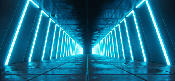 istock Futuristic concrete tunnel, hallway with neon cyber glowing blue lines 1779733097