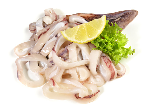 Fish and Seafood - Raw Octopus, Calmar with Calamari Rings isolated on white Background