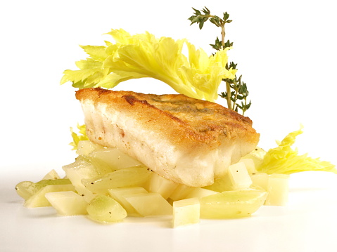 Grilled Sander - Pikeperch on Asparagus on white Background