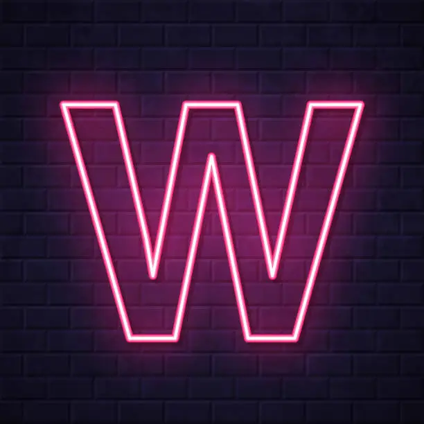 Vector illustration of Letter W. Glowing neon icon on brick wall background