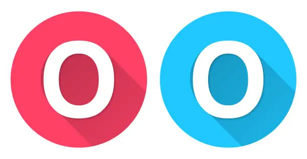 Vector illustration of Letter O. Round icon with long shadow on red or blue background