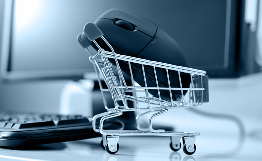 Small shopping cart with mouse in front of computer