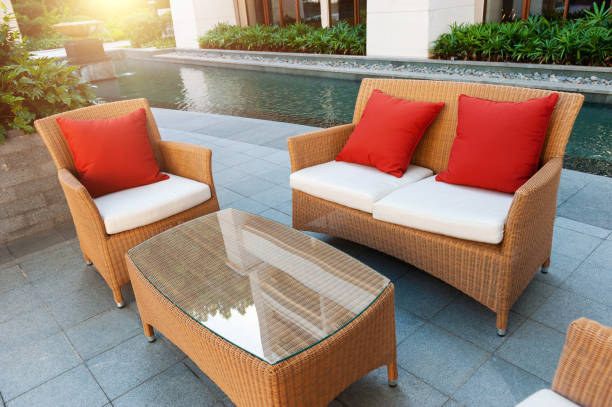 istock Comfortable house patio with table, chairs and pool 1779741256
