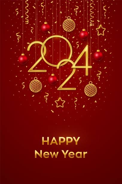 ilustrações de stock, clip art, desenhos animados e ícones de happy new year 2024. hanging golden metallic numbers 2024 with shining 3d metallic stars, balls and confetti on red background. new year greeting card, banner template. realistic vector illustration. - ano novo 2024