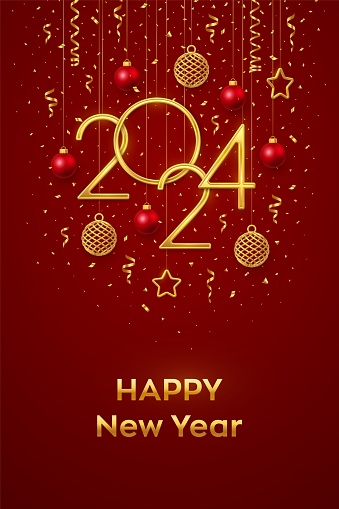 Happy New Year 2024. Hanging Golden metallic numbers 2024 with shining 3D metallic stars, balls and confetti on red background. New Year greeting card, banner template. Realistic Vector illustration