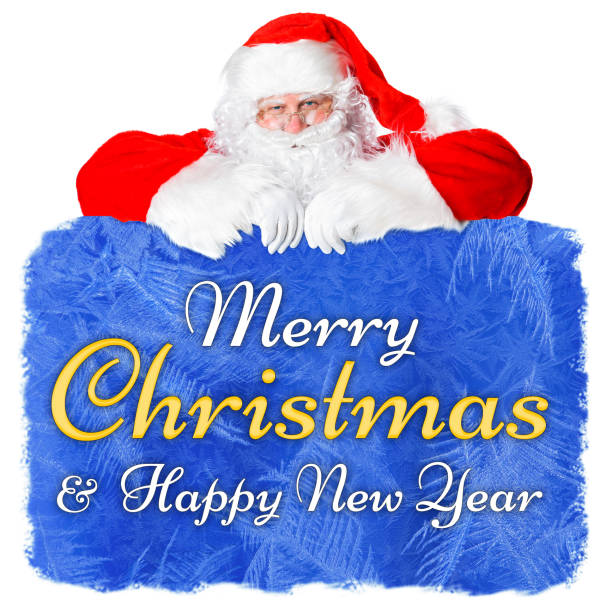 Santa holding a frozen banner with Merry Christmas and Happy New Year greeting, isolated on white.