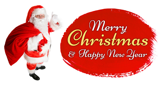 Santa Claus pointing on blank advertisement banner with copy space