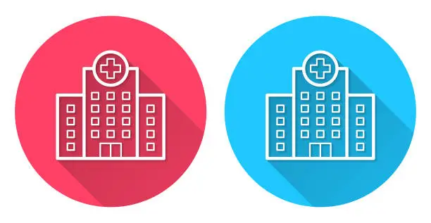 Vector illustration of Hospital building. Round icon with long shadow on red or blue background